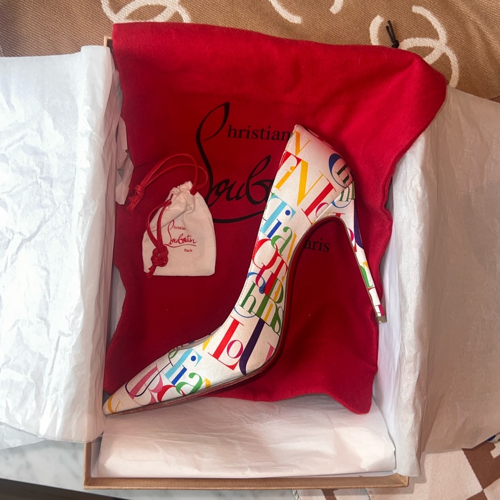 Christian Louboutin Multicolor Logo Print Pointed Toe Pumps on White - Picture 2 of 4